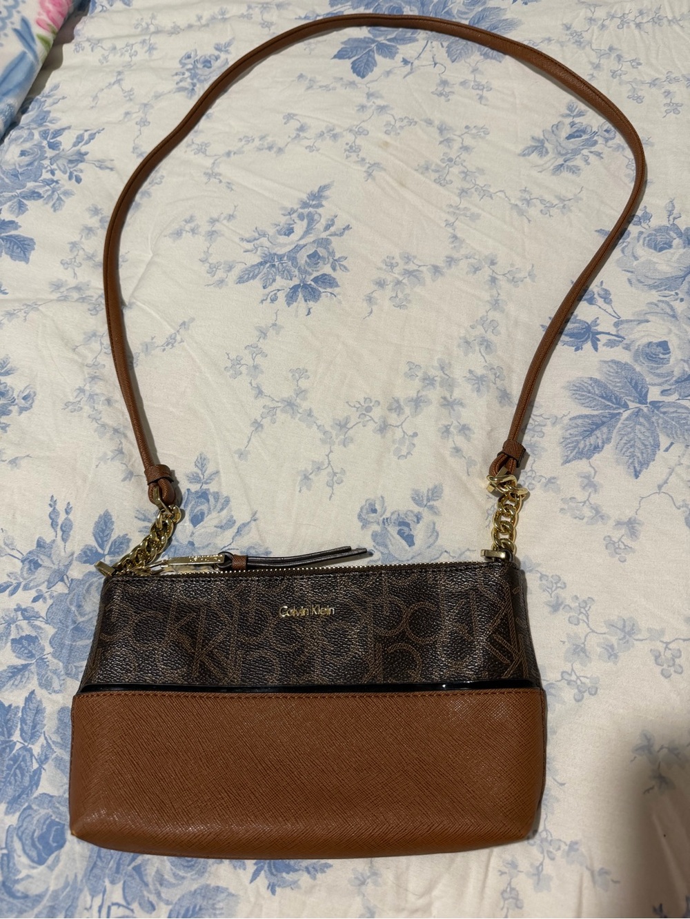 Calvin Klein Brown Logo and Tan Crossbody Bag
